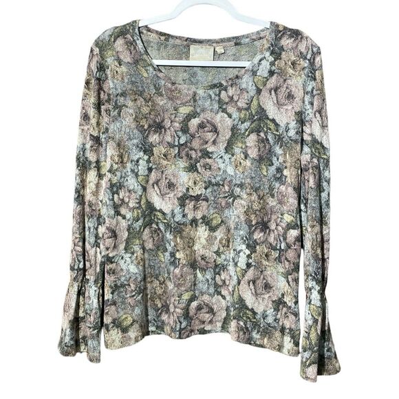 Dantelle Sweaters - Dantelle Velour-Plush Floral Sweater W/ Bell Sleeves Women's Size Medium